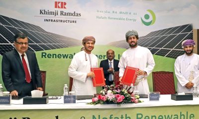 Nailesh Khimji, Director, Khimji Ramdas and Abdulla Nasser Al Saidi, CEO, Nafath Renewable Energy. Partnership announcement of Oman’s first 1MW solar PV system.